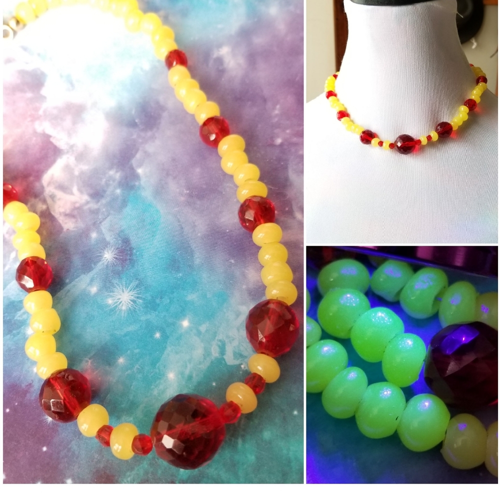 Vintage UV glass necklace bead red yellow uranium depression glass